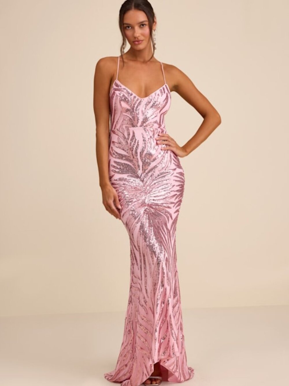 Lulus Sparkle 'til Dawn Light Pink Sequin Lace-up Mermaid Maxi Dress - Size S